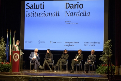 Inaugurazione congiunta dell’a.a. 2022/2023 - 09/01/2023 <br> Da sinistra: Dario Nardella, Eugenio Giani, Erika Pontini, Anna Maria Bernini, Rosa Maria Di Giorgi e Claudio Sisi. Foto: Antonio Viscido