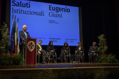 Inaugurazione congiunta dell’a.a. 2022/2023 - 09/01/2023 <br> Da sinistra: Eugenio Giani, Dario Nardella, Erika Pontini, Anna Maria Bernini, Rosa Maria Di Giorgi e Claudio Sisi. Foto: Antonio Viscido