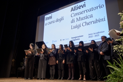 Inaugurazione congiunta dell’a.a. 2022/2023 - 09/01/2023 <br>Inno Nazionale Italiano e Inno Europeo a cura degli allievi del Conservatorio di Musica “Luigi Cherubini”. Foto: Antonio Viscido